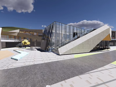 Modern Commercial Street With Glass Facade Geometric Design And Plaza Area 3d model