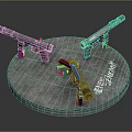 Three Unique Firearms With Diverse Color Patterns Displayed On Round Platform