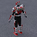 Man in Red White Black Armored Suit with Horned Helmet and Warrior Hero Stance