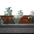 Colorful Wooden Geometric Pergola With Trees And People In Outdoor Leisure Area