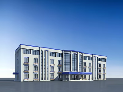 Modern Multi Story Office Building With White Blue Exterior And Large Glass Windows 3d model