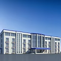 Modern Multi Story Office Building With White Blue Exterior And Large Glass Windows
