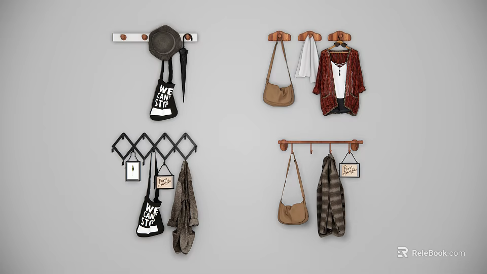 Wall Mounted Hooks with Different Designs for Hanging Hats Bags Clothes and Scarves 3d model 