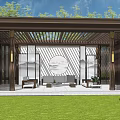 Chinese Style Pergola Interior With Wooden Frame Grass Lawn Sofa And Decorative Painting