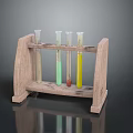 Wooden Test Tube Stand With Glass Tubes Containing Various Colored Liquids