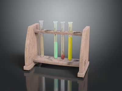 Wooden Test Tube Stand With Glass Tubes Containing Various Colored Liquids 3d model
