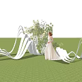 Bride In White Wedding Dress Standing On Green Grass With Wavy Decorations And Blue Sky