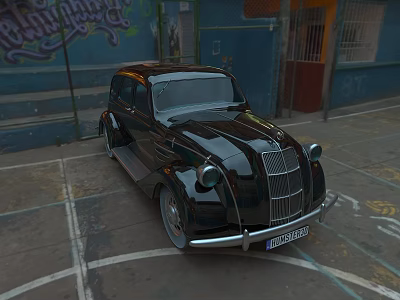 Vintage Black Classic Car Parked In Urban Street With Graffiti Wall Background 3d model