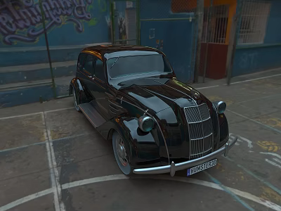 Vintage Black Classic Car Parked In Urban Street With Graffiti Wall Background 3d model Vintage Black Classic Car Parked In Urban Street With Graffiti Wall Background 3d model