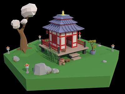 Cartoon Scene with Traditional Red Blue Roof Pavilion Cherry Blossom Tree Lanterns Stones And Bamboo 3d model