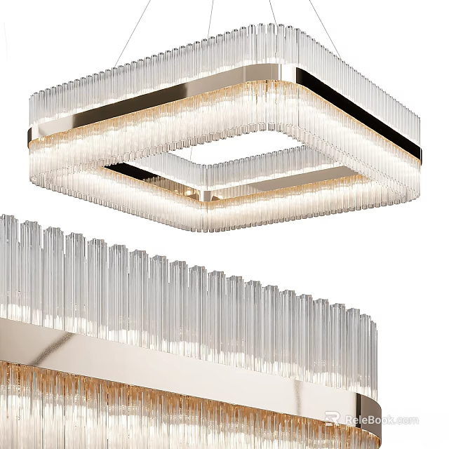 Modern Square Crystal Chandelier With Layered Transparent Strips And Decorative Frame 3d model