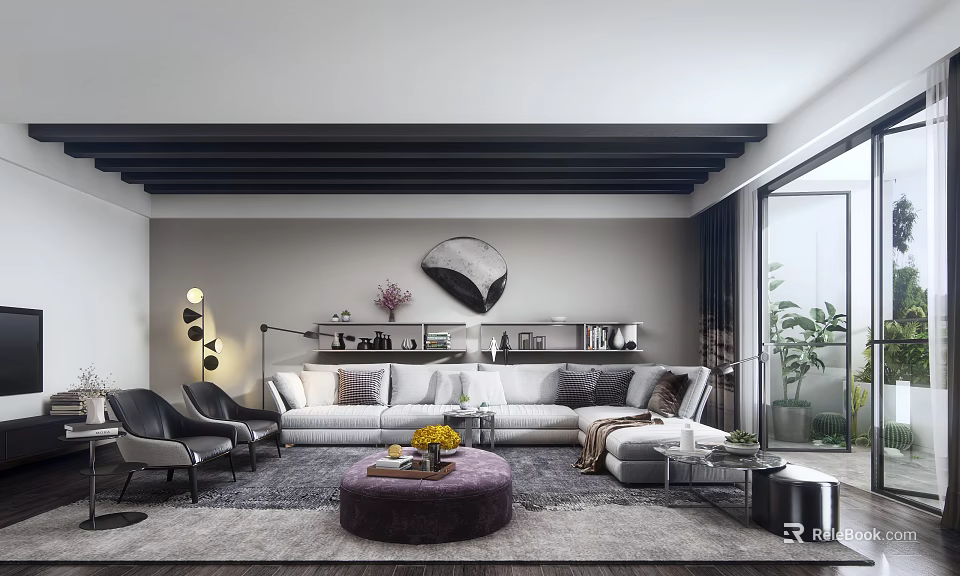 Contemporary Living Room Interior Featuring Black Ceiling Beams Large Sofa Round Ottoman And Yellow Flowers 3d model 