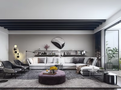 Contemporary Living Room Interior Featuring Black Ceiling Beams Large Sofa Round Ottoman And Yellow Flowers 3d model