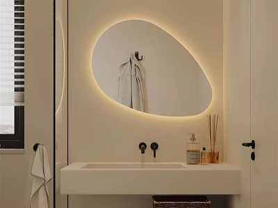 Modern Bathroom Interior With Backlit Oval Mirror White Countertop Faucet And Towel 3d model
