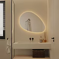 Modern Bathroom Interior With Backlit Oval Mirror White Countertop Faucet And Towel
