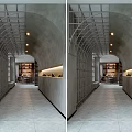 Modern Elevator Corridor With Arched Structure Metal Frames Recessed Lighting And Gray Tiled Floor 3d model