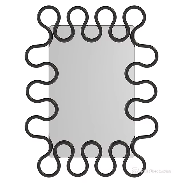 Rectangular Mirror With Black Wavy Decorative Frame And Glass Surface For Modern Home 3d model 