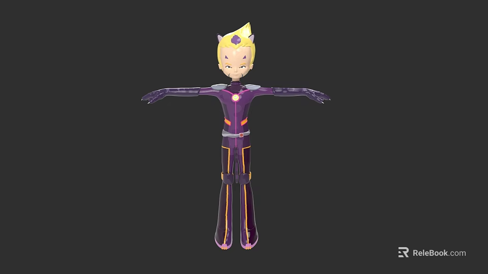 3D Game Movie Character With Blonde Hair Crown Purple Bodysuit Yellow Lines Outstretched Arms 3d model 