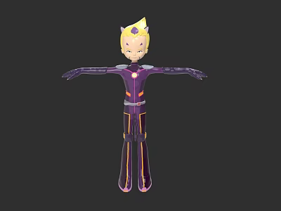 3D Game Movie Character With Blonde Hair Crown Purple Bodysuit Yellow Lines Outstretched Arms 3d model