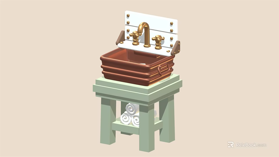 Vintage Copper Kitchen Sink with Golden Faucet on Light Green Stand and Decorative Elements 3d model 