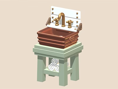 Vintage Copper Kitchen Sink with Golden Faucet on Light Green Stand and Decorative Elements 3d model