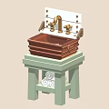 Vintage Copper Kitchen Sink with Golden Faucet on Light Green Stand and Decorative Elements