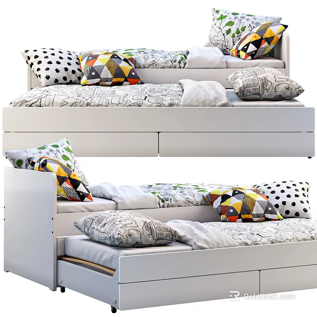 Stylish Single Bed With White Frame Drawer Storage And Colorful Patterned Pillows 3d model 