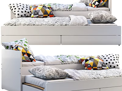 Stylish Single Bed With White Frame Drawer Storage And Colorful Patterned Pillows 3d model