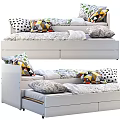 Stylish Single Bed With White Frame Drawer Storage And Colorful Patterned Pillows