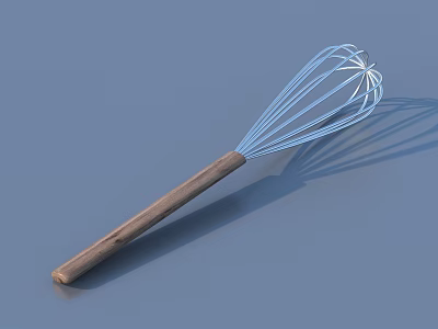 Stainless Steel Whisk With Blue Wire And Wooden Handle On Blue Background 3d model