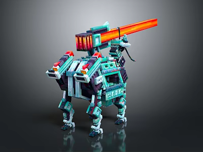 Sci-Fi Mechanical Quadruped Game and Movie Character With Large Red Weapon And Teal Armor 3d model