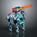 Sci-Fi Mechanical Quadruped Game and Movie Character With Large Red Weapon And Teal Armor