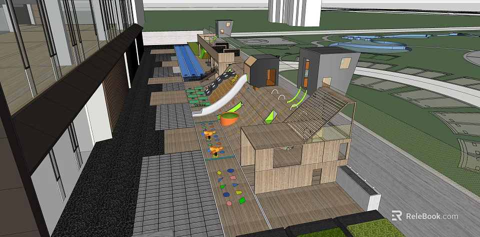 Outdoor Children's Play Area With Wooden Structures Slide And Colorful Climbing Elements 3d model 