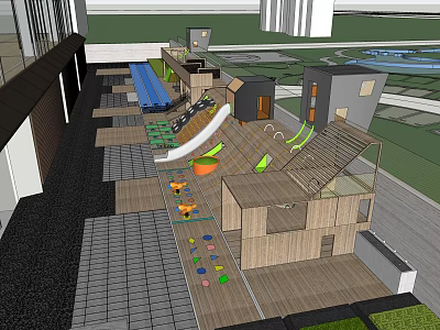 Outdoor Children's Play Area With Wooden Structures Slide And Colorful Climbing Elements 3d model
