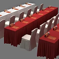 Large Rectangular Conference Table Setup With Red Tablecloths And White Chairs 3d model