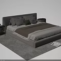 Upholstered Double Bed With Gray Headboard Beige Brown Bedding Green Blue Pillows Nightstands On Rug