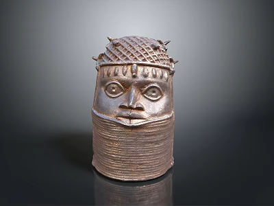 Traditional Head Sculpture Carving with Textured Surface Spiked Crown and Facial Features 3d model
