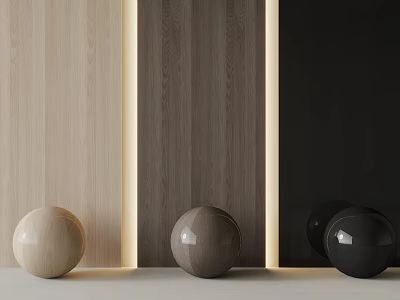 Light medium brown and black spheres on wooden panels with varying tones and light strips 3d model