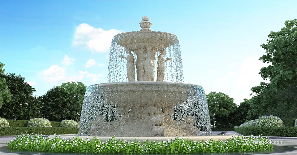 Garden Fountain Ornament With Central Statues And Flowing Water In Lush Green Garden 3d model 