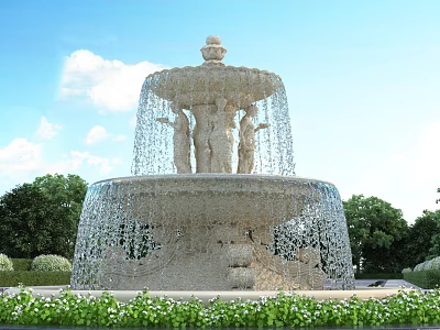 Garden Fountain Ornament With Central Statues And Flowing Water In Lush Green Garden 3d model