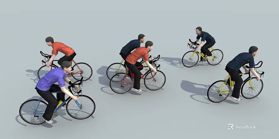 Group of People Riding Bicycles in Outdoor Setting with Different Colored Bikes 3d model 