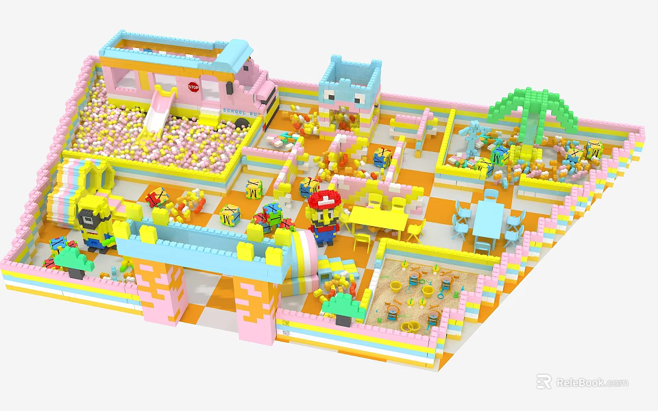 Colorful Building Blocks Kids Play Area With Slide Ball Pit And Cartoon Characters 3d model 