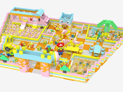 Colorful Building Blocks Kids Play Area With Slide Ball Pit And Cartoon Characters 3d model