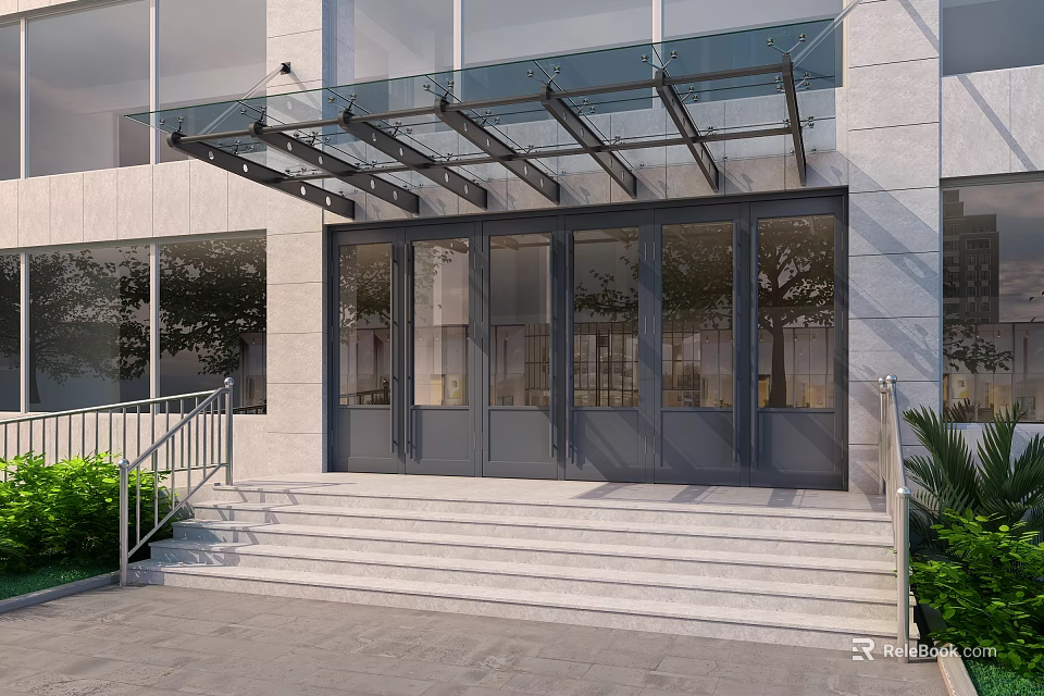 Modern Storefront Entrance With Glass Canopy Stone Steps And Green Plants 3d model 