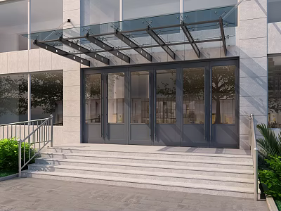 Modern Storefront Entrance With Glass Canopy Stone Steps And Green Plants 3d model