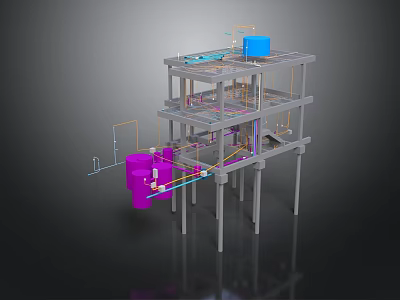 Industrial Multi Layered Steel Structure With Colored Pipes Equipment And Yellow Pipeline Lines 3d model