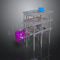Industrial Multi Layered Steel Structure With Colored Pipes Equipment And Yellow Pipeline Lines