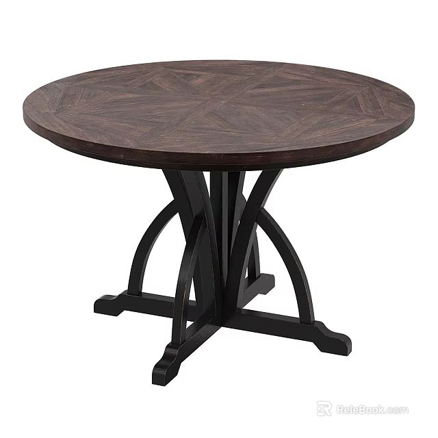 Round Dark Wooden Dining Table With Patterned Top And Black Crossed Legs 3d model 