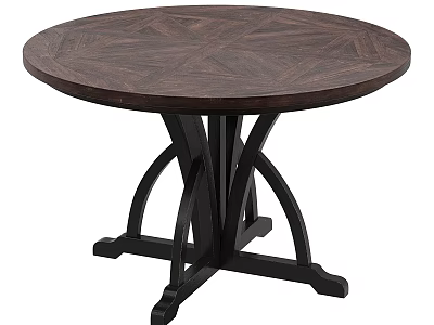 Round Dark Wooden Dining Table With Patterned Top And Black Crossed Legs 3d model
