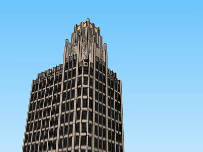 Tall Modern Skyscraper With Ornate Top Design Against Clear Blue Sky 3d model